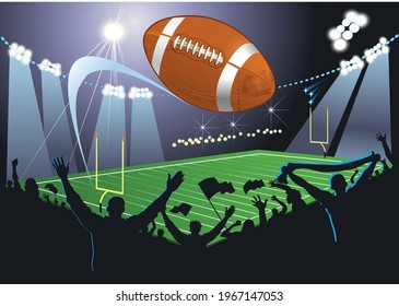 American Football ball in the air over a field in the spotlight. Fans cheer their team.