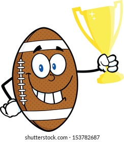 American Football Ball Cartoon Mascot Character Holding Golden Trophy Cup
