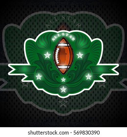 American football ball in center of green banner with pattern. Sport logo for any team or competition or all star game