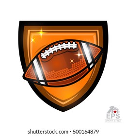 American football ball in center of shield. Sport logo isolated on white for any team or competition