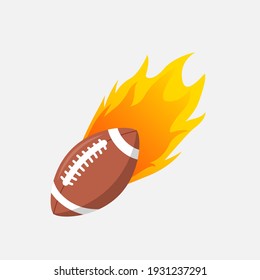 American Football ball in fire flame. Rugby fireball cartoon icon. Fast ball logo in motion isolated