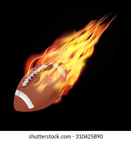 American football ball in fire flying down. Isolated on dark background. Vector illustration