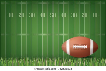 American football ball with green field pattern background. Vector illustration.