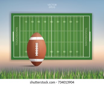 American football ball with green football field background and vintage sky. Vector illustration.