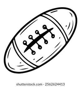 American Football Ball hand drawn doodle. Leather throwing tool. Equipment for playing on grass stadium. Team game. Vector line art illustration.