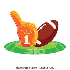 american football ball with hand glove on stadium grass vector illustration design