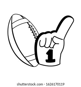 american football ball with hand glove on white background vector illustration design