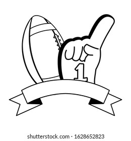 american football ball with hand glove on white background vector illustration design