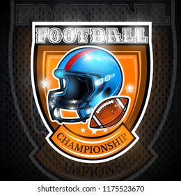 American football ball with helmet in center of shield. Sport logo for any team or competition