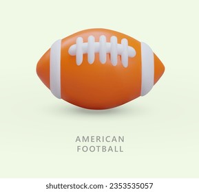 American football ball. Leather accessory for rugby. Team sports game. Vector poster with 3D illustration in cartoon style. Concept on colored background
