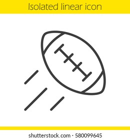 American football ball linear icon. Thin line illustration. Flying rugby ball contour symbol. Vector isolated outline drawing