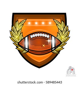 American football ball in the middle golden laurel wreath on shield. Sport logo for any team or competition isolated on white