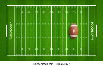 American football ball on football field pattern background. Vector illustration.