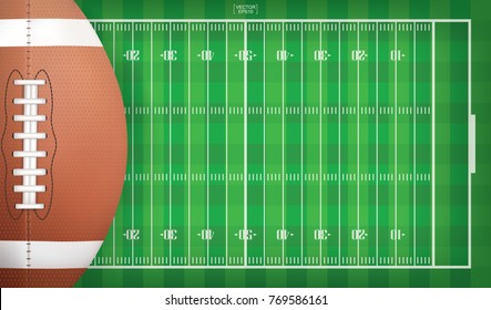 American football ball on football field pattern background. Vector illustration.