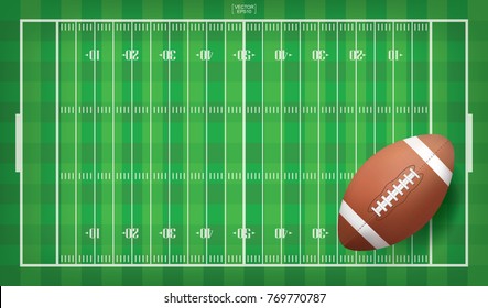 American football ball on football field pattern background. Vector illustration.