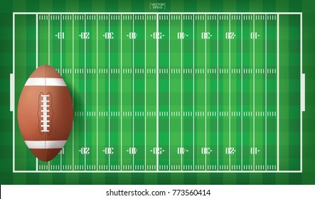 American football ball on football field pattern background. Vector illustration.