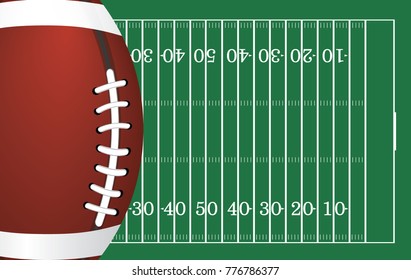 American football ball on football field pattern background. Vector illustration.