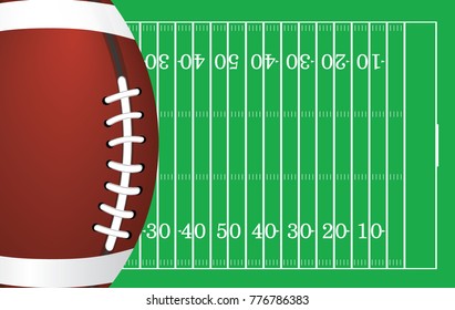 American football ball on football field pattern background. Vector illustration.