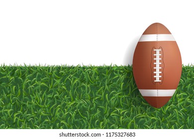 American football ball on green grass texture background. Vector illustration.