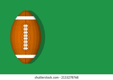 American football ball on a green backgound illustration  with copy space. Sports equipment. Flat illustration style. Isolated vector for icon, infographic, website, apps and other uses.