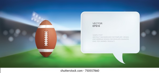 American football ball on green field of football stadium background with lights and tribunes. Vector abstract background.