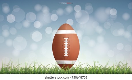 American football ball on green grass field with light blurred bokeh background. Vector illustration.