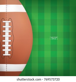 American football ball on green grass pattern of football field. Vector illustration.