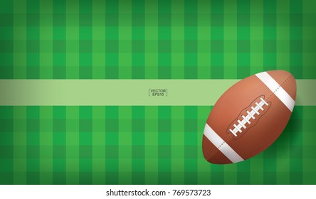 American football ball on green grass pattern of football field. Vector illustration.