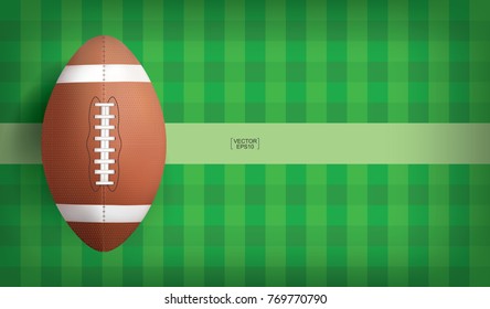 American football ball on green grass pattern of football field. Vector illustration.