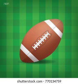 American football ball on green grass pattern of football field. Vector illustration.