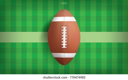 American football ball on green grass pattern of football field. Vector illustration.