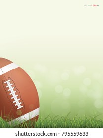 American football ball on green grass field with light blurred bokeh background. Vector illustration.