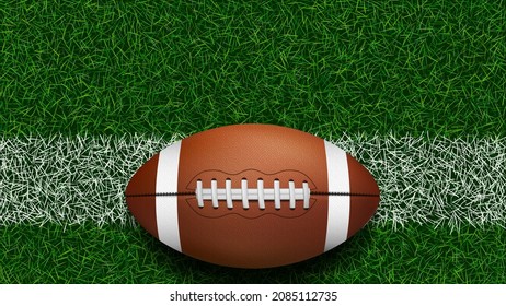 American football ball on stadium field green grass. Leather football ball detailed illustration. Sport equipment vector. American football wallpaper.