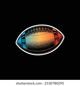 American football ball. Original vector illustration in vintage style isolated on black background. T-shirt design. Hand drawn, not AI