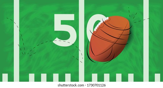 American football ball over a field. American football poster - Vector