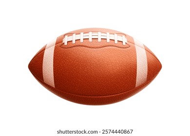 American football ball. Realistic classic brown leather rugby ball isolated on white background. Sports accessory for national cup, super bowl, championship or competition. Vector 3d illustration