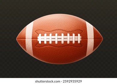 American football ball. Realistic classic brown leather 3d rugby ball isolated on black background. Sports accessory for championship or competition. Vector illustration