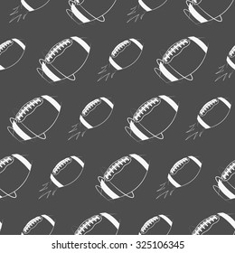 American football ball rocket seamless pattern in retro monochrome style. with training text. Stylish sports graphic vintage design for t-shirt, web. Print isolated on a dark background. Vector.
