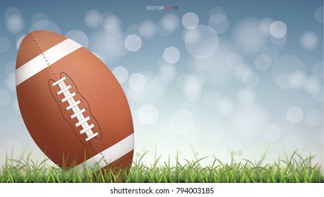 American football ball or rugby football ball on green grass court with light blurred bokeh background. Vector illustration.