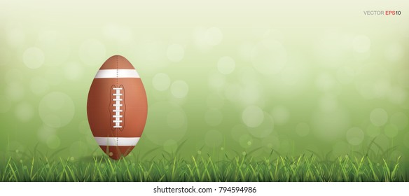 American football ball or rugby ball on green grass court with light blurred bokeh background. Vector illustration.