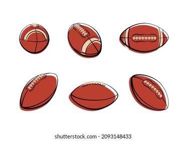 Balón de fútbol americano y pelota de rugby. Ilustración vectorial, estilo plano. Conjunto de 6 tipos diferentes.