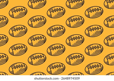 american football ball seamless pattern. hand-drawn oval sports ball texture. vintage yellow background surface with rugby ball doodle. ideal for sports themed, prints and merchandise