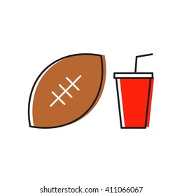 American football ball with soda cup. Illustration flat vector icon on white background. For american football fans.