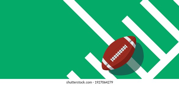 american football ball standing on white line.