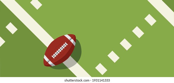 american football ball standing on white line.