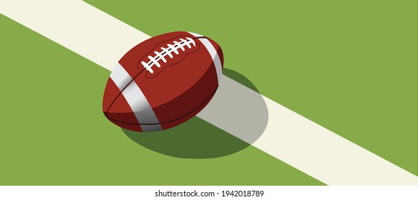 american football ball standing on white line.