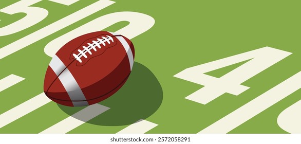 american football ball standing on white line.