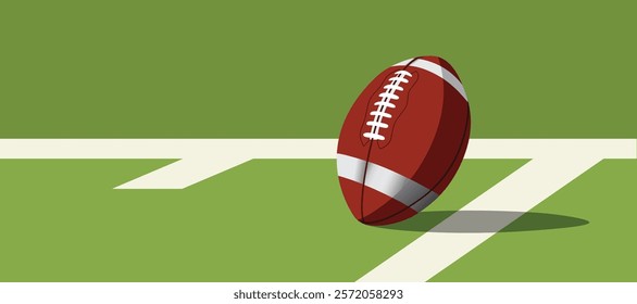 american football ball standing on white line.