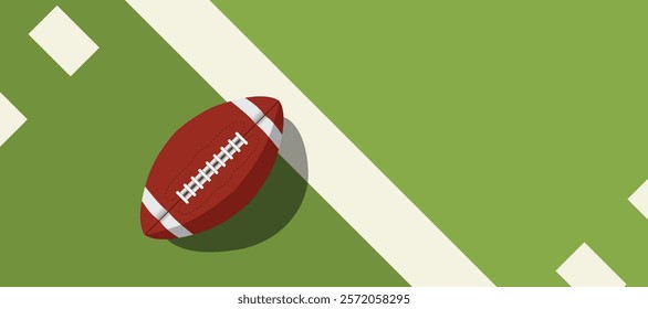 american football ball standing on white line.