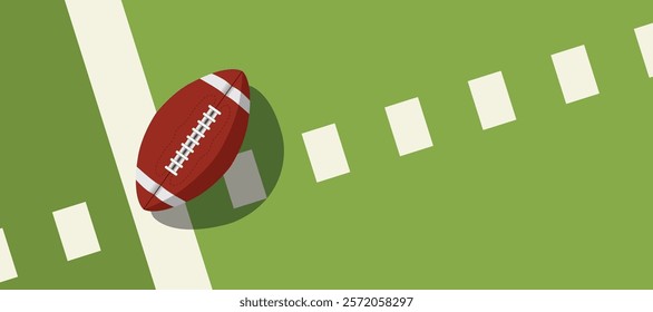 american football ball standing on white line.